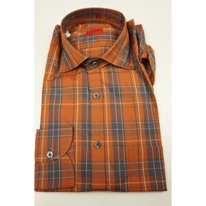 Isaia Pumpkin Aegean Blue Plaid Long Sleeve Cotton Dress Shirt 15.5/39 NEW